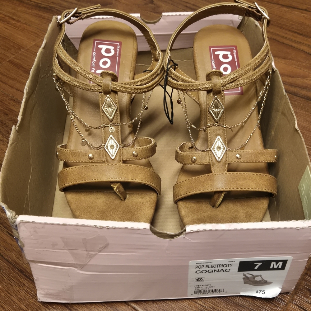 Pop Electricity 4in Wedge Sandal Size 7M Cognac W/ Chain Detail - Picture 8 of 10